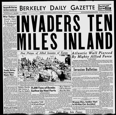 Click for Google archive copy of full D-Day edition of Berkeley Gazette Page one newspaper June 6, 1944
