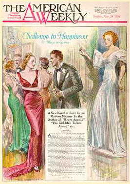 cover image shows a society ball illustration for 'Challenge to Happiness' story