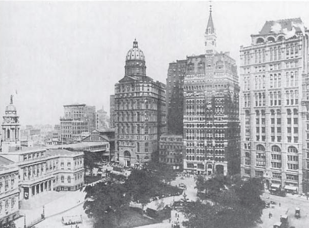 City Hall on the left, then the World, (smaller) Sun, Tribune, Times