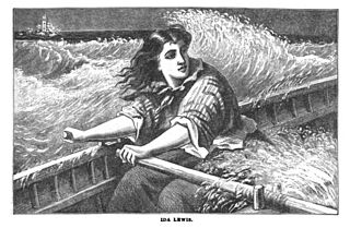 Via Wikipedia, a woodcut of Ida Lewis at the oars of a rescue boat