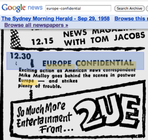 newspaper clipping "Exciting action as American news correspondent Mike Malloy (sic) goes behind the scenes in postwar Europe..."